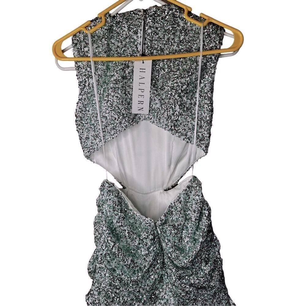 NWT Halpern cupped sequin high collared cut out dress aqua lace size 34/ US 2 - Picture 11 of 14